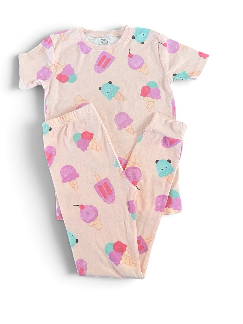 Carter’s Girls Ice Cream Print 2 Piece Pajama Set Size 14/14A Short Sleeve Pink